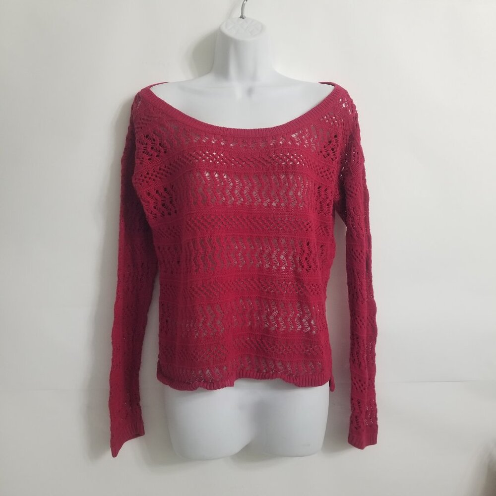 ANA Womens L Red Sheer Knit Long Sleeve Scoop Neck Pullover Sweater High Low